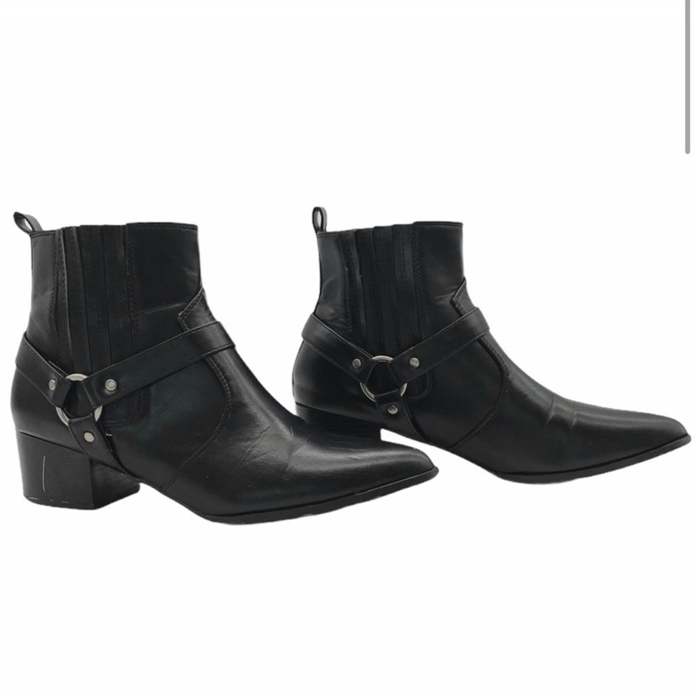Halston H Harness Boots Booties Ankle Buckle Black Vegan Leather size 8 Pointed